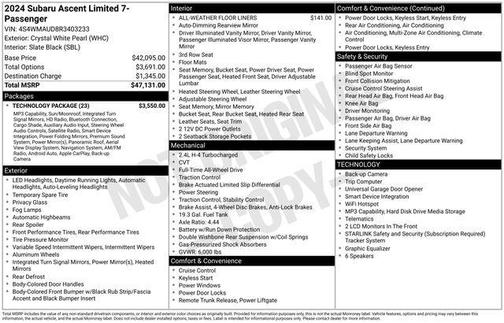 Crystal White Pearl 2024 Subaru Ascent Limited 7-Passenger
