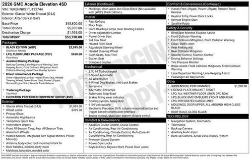 Glacier White Tricoat 2026 GMC Acadia Elevation AWD