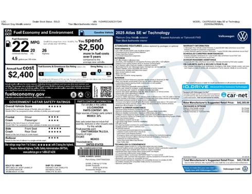 Platinum Gray Metallic 2025 Volkswagen Atlas 2.0T SE w/Technology
