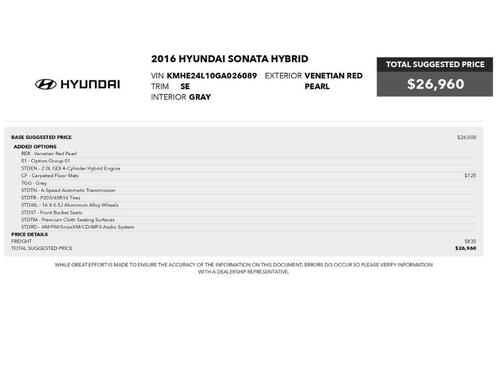 Venetian Red Pearl 2016 Hyundai SONATA Hybrid SE
