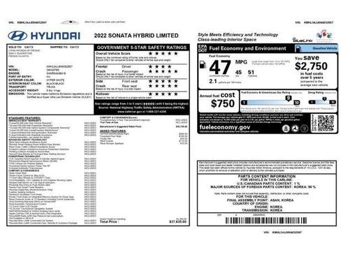 Hyper White 2022 Hyundai SONATA Hybrid Limited