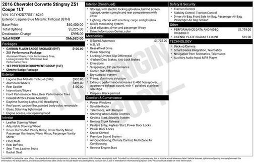 Laguna Blue Metallic Tintcoat 2016 Chevrolet Corvette Stingray Z51