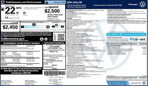 Platinum Gray Metallic 2024 Volkswagen Atlas 2.0T SE