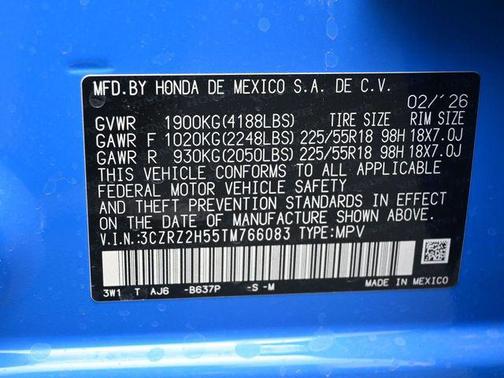 Boost Blue Pearl 2026 Honda HR-V AWD Sport