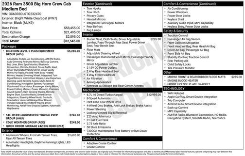 Bright White Clearcoat 2026 RAM 3500 Big Horn Crew Cab 4x4 6'4' Box