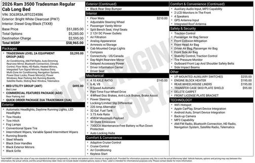 Bright White Clearcoat 2026 RAM 3500 Tradesman Regular Cab 4x4 8' Box