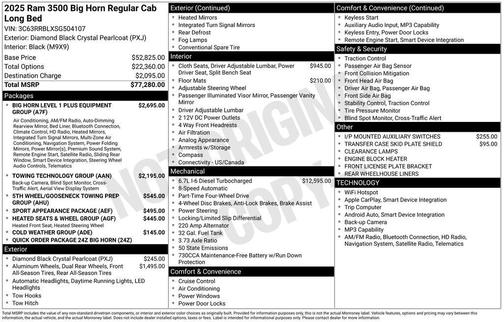Diamond Black Crystal Pearlcoat 2025 RAM 3500 Big Horn Regular Cab 4x4 8' Box