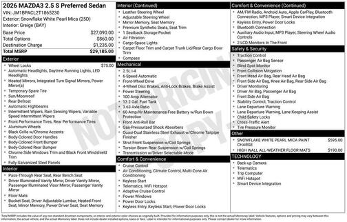 Snowflake White Pearl Mica 2026 Mazda Mazda3 FWD w/Preferred Package