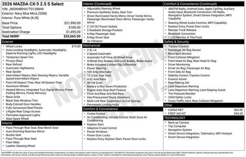 Navy Blue Mica 2026 Mazda CX-5 2.5 S Select Package