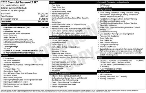Summit White 2025 Chevrolet Traverse LT
