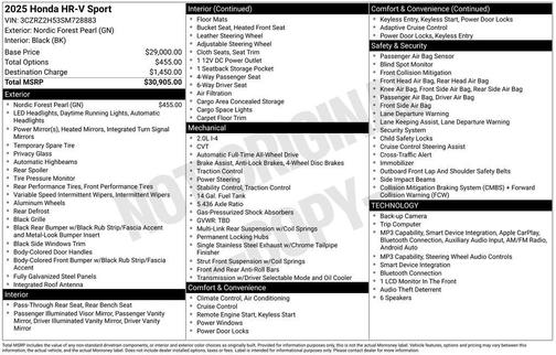 Pearl 2025 Honda HR-V AWD Sport