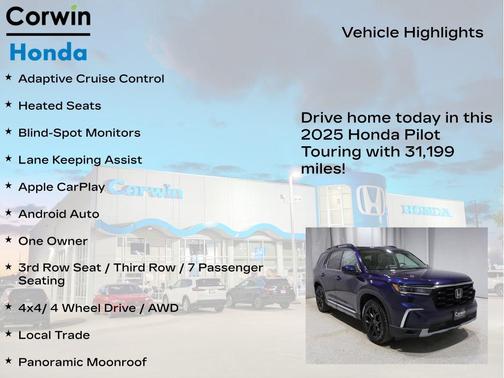 Obsidian Blue Pearl 2025 Honda Pilot Touring 8-Passenger