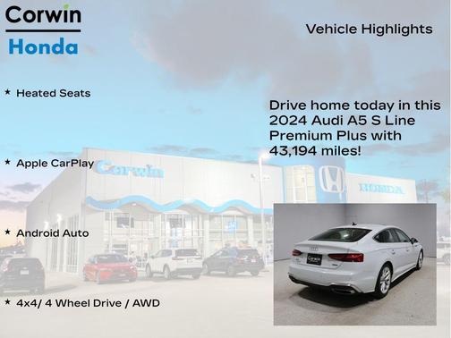 Glacier White Metallic 2024 Audi A5 Sportback 45 S Line Premium Plus