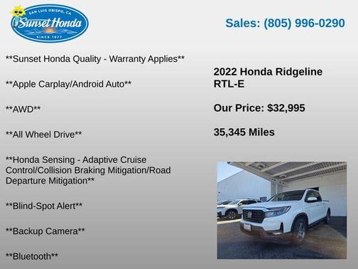 White 2022 Honda Ridgeline RTL-E