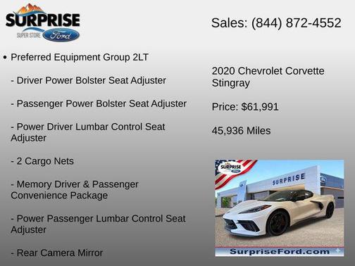 Arctic White 2020 Chevrolet Corvette Stingray w/2LT