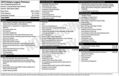 Crystal White Pearl 2025 Subaru Legacy Premium