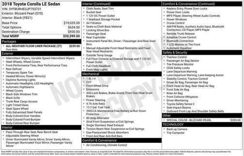 Blizzard Pearl 2018 Toyota Corolla LE