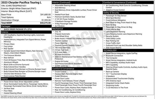 Bright White Clearcoat 2023 Chrysler Pacifica Touring L
