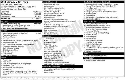 White Platinum Metallic Tri-Coat 2011 Mercury Milan Hybrid Hybrid