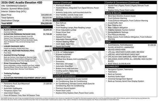Summit White 2026 GMC Acadia Elevation