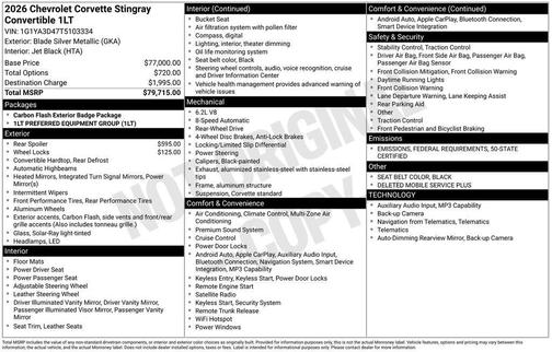2026 Chevrolet Corvette Stingray w/1LT