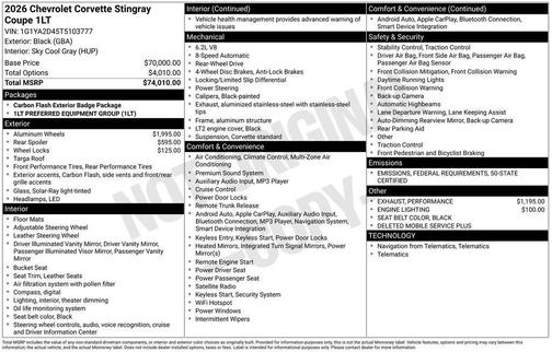 2026 Chevrolet Corvette Stingray w/1LT