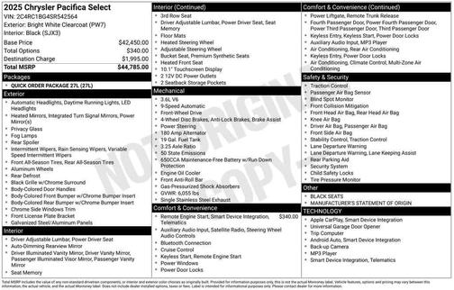 Bright White Clearcoat 2025 Chrysler Pacifica L