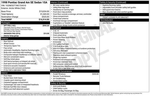 Arctic White 1998 Pontiac Grand Am SE