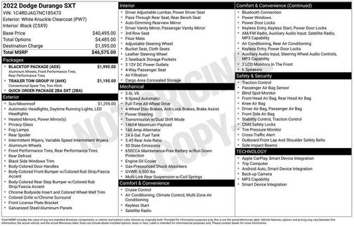 DB Black Clearcoat 2022 Dodge Durango SXT AWD