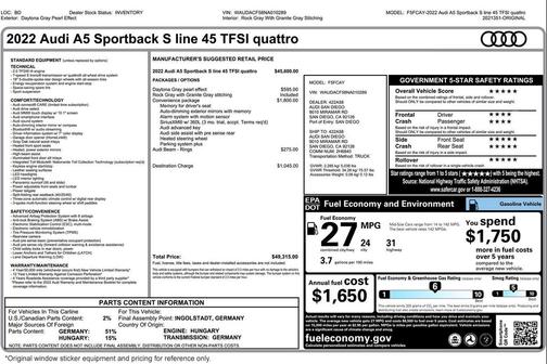 Daytona Gray Metallic 2022 Audi A5 Sportback 45 S Line Premium