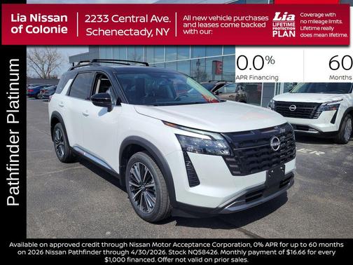 Everest White Pearl Tricoat/Super Black 2026 Nissan Pathfinder Platinum