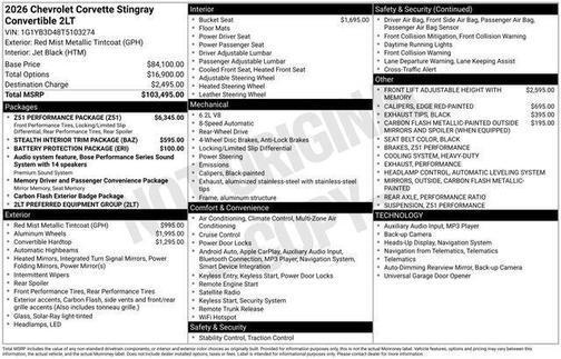 2026 Chevrolet Corvette Stingray w/2LT
