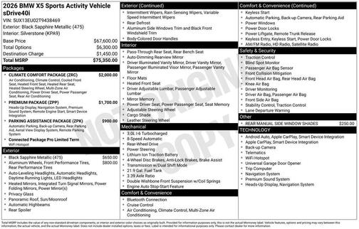 Black Sapphire Metallic 2026 BMW X5 sDrive40i