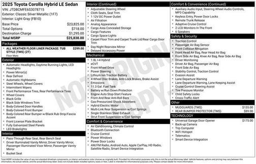 Classic Silver Metallic 2025 Toyota Corolla Hybrid LE