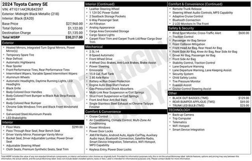 Midnight Black Metallic 2024 Toyota Camry SE