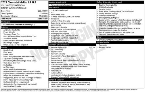 Summit White 2022 Chevrolet Malibu 1LS