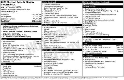 2025 Chevrolet Corvette Stingray w/2LT