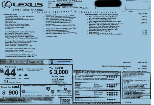 Gray 2020 Lexus ES 300h Base