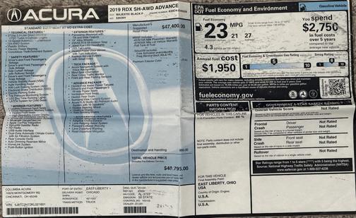 Black 2019 Acura RDX Advance Package