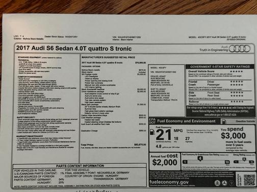 Black 2017 Audi S6 4.0T Prestige