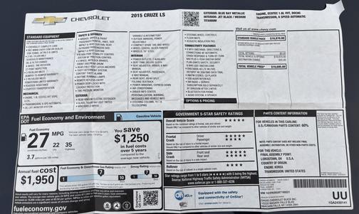 Blue 2015 Chevrolet Cruze LS