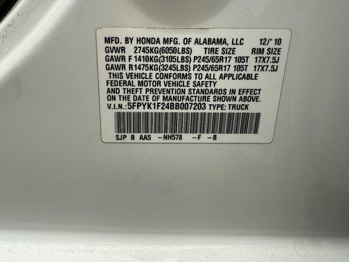 White 2011 Honda Ridgeline RT