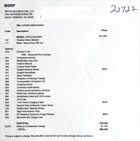 Photo of 2023 Obsidian Black Mercedes-Benz EQE 350