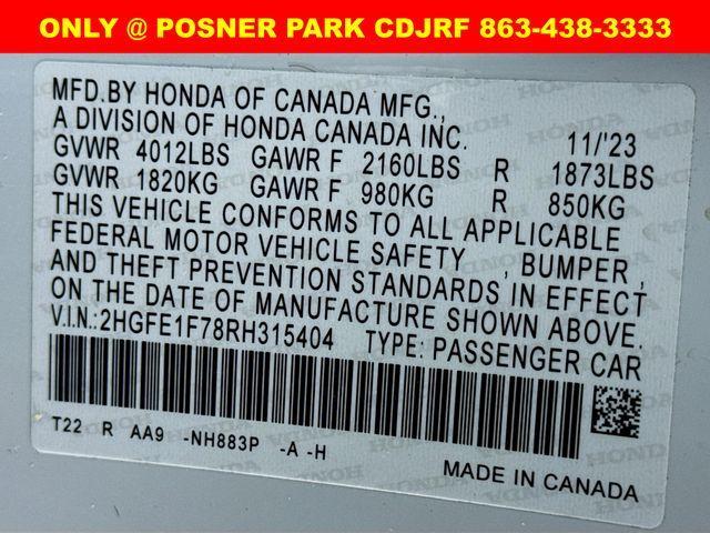 Photo of 2024 Platinum White Pearl Honda Civic