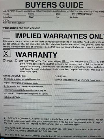 Photo of 2022 White Toyota Corolla