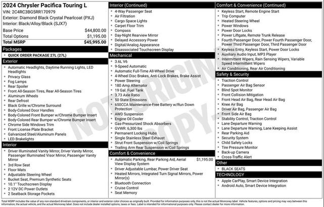 Photo of 2024 Diamond Black Crystal Pearlcoat Chrysler Pacifica