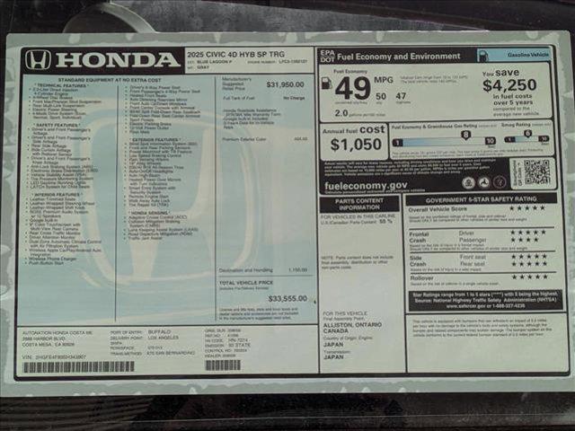 Photo of 2025 Blue Lagoon Pearl Honda Civic Hybrid