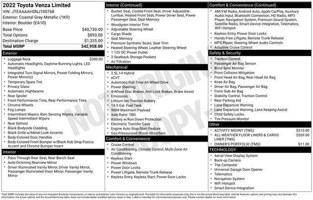 used 2022 Toyota Venza car, priced at $28,622