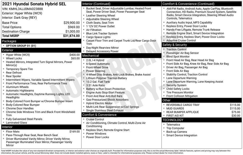 used 2021 Hyundai Sonata car, priced at $15,000