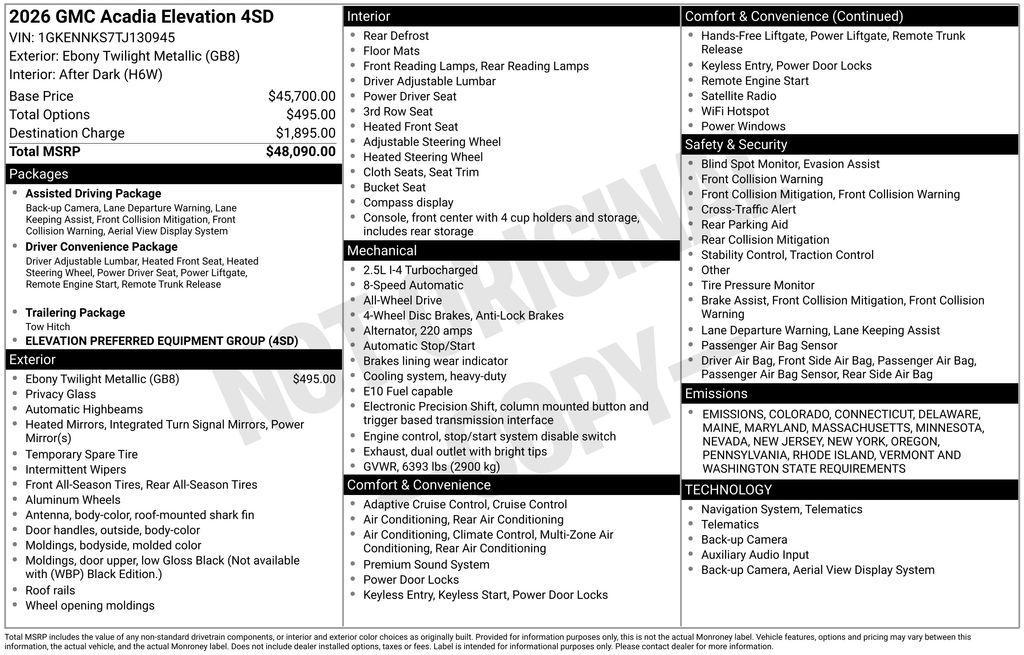 new 2026 GMC Acadia car, priced at $45,090